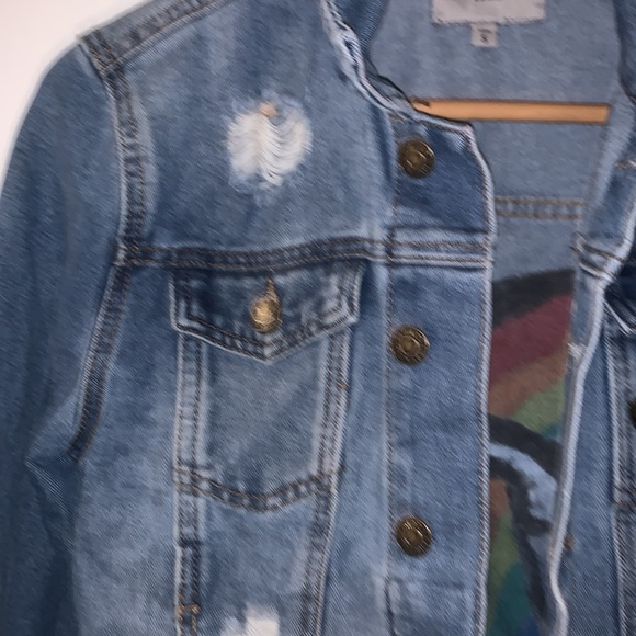 Satin doll hand painted wild mushroom rainbow butterfly Jean jacket hippie - Picture 3 of 6